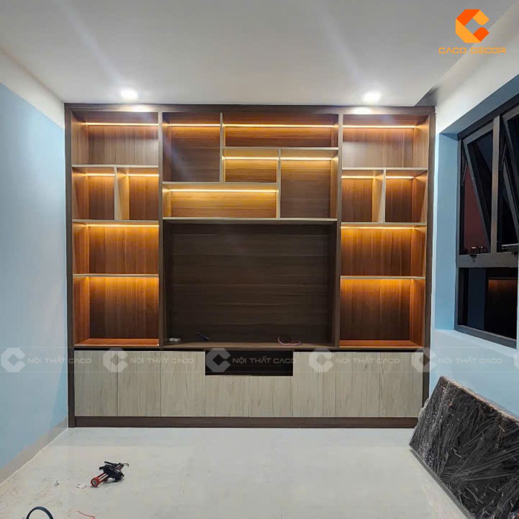 Hình chụp thực tế tủ kệ tivi gỗ MDF có LED