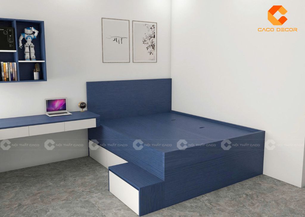 Thiết kế giường ngủ hộc kéo có cầu thang hiện đại