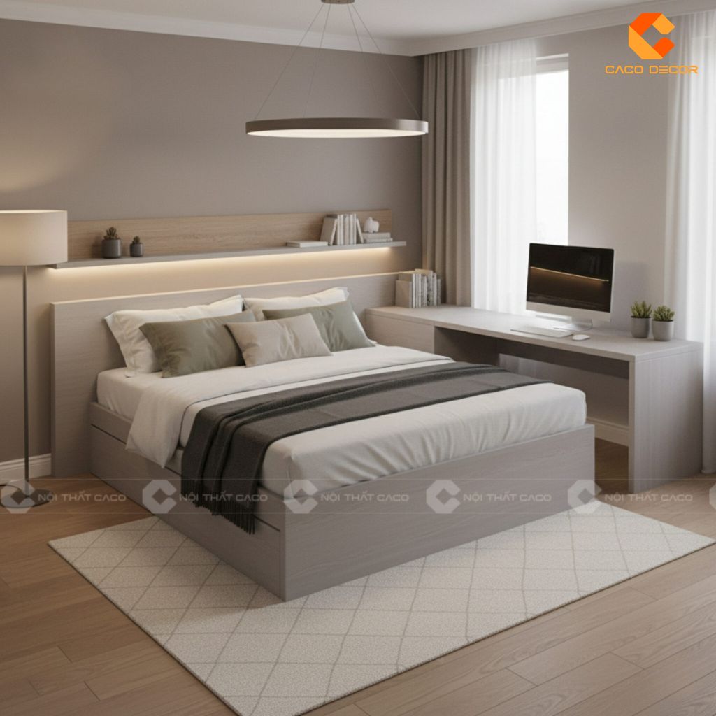 Thiết kế giường ngủ gỗ công nghiệp màu xám kèm hộc kéo