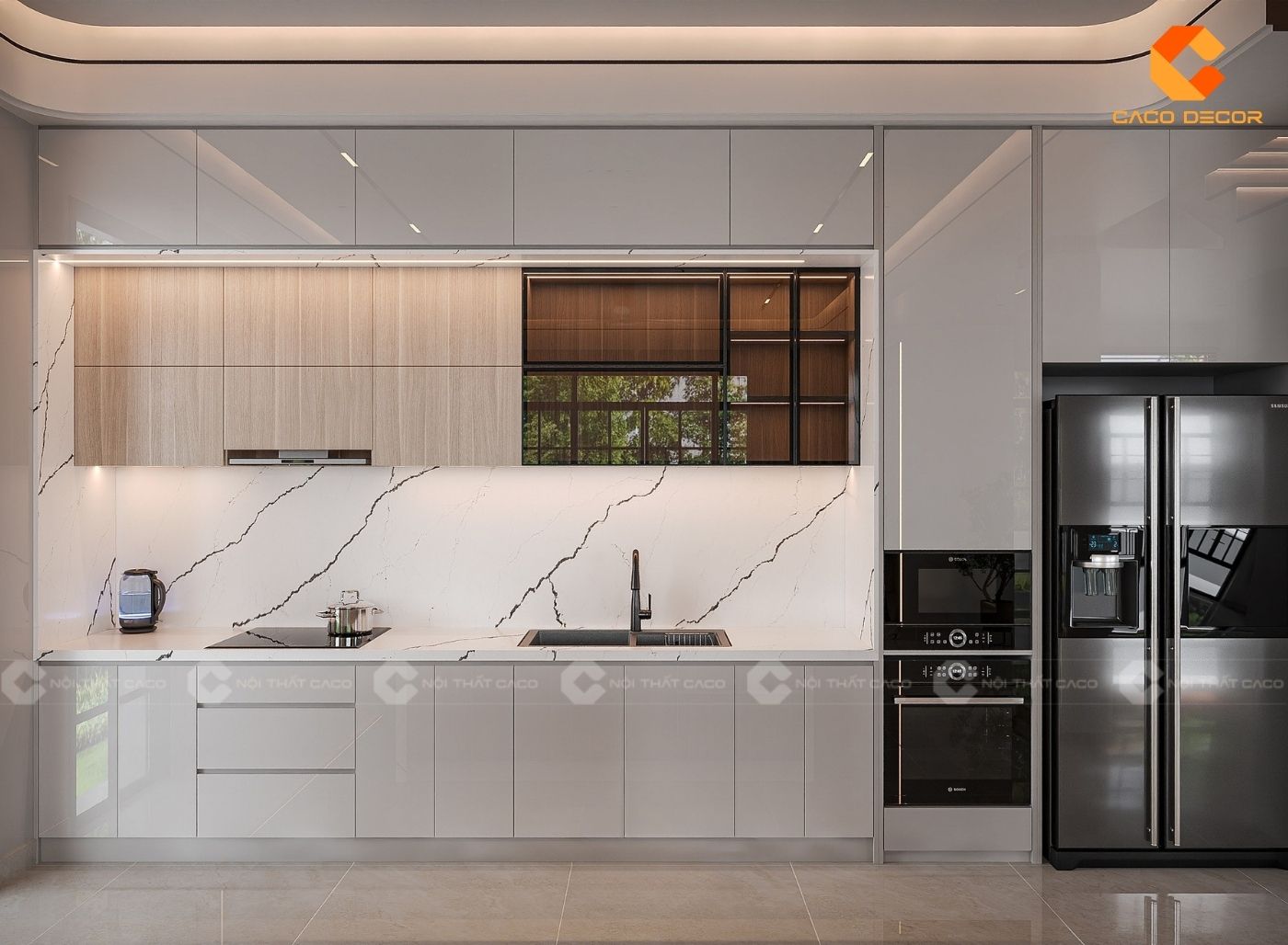 Tủ bếp chữ I tích hợp khoang tủ lạnh tiện lợi