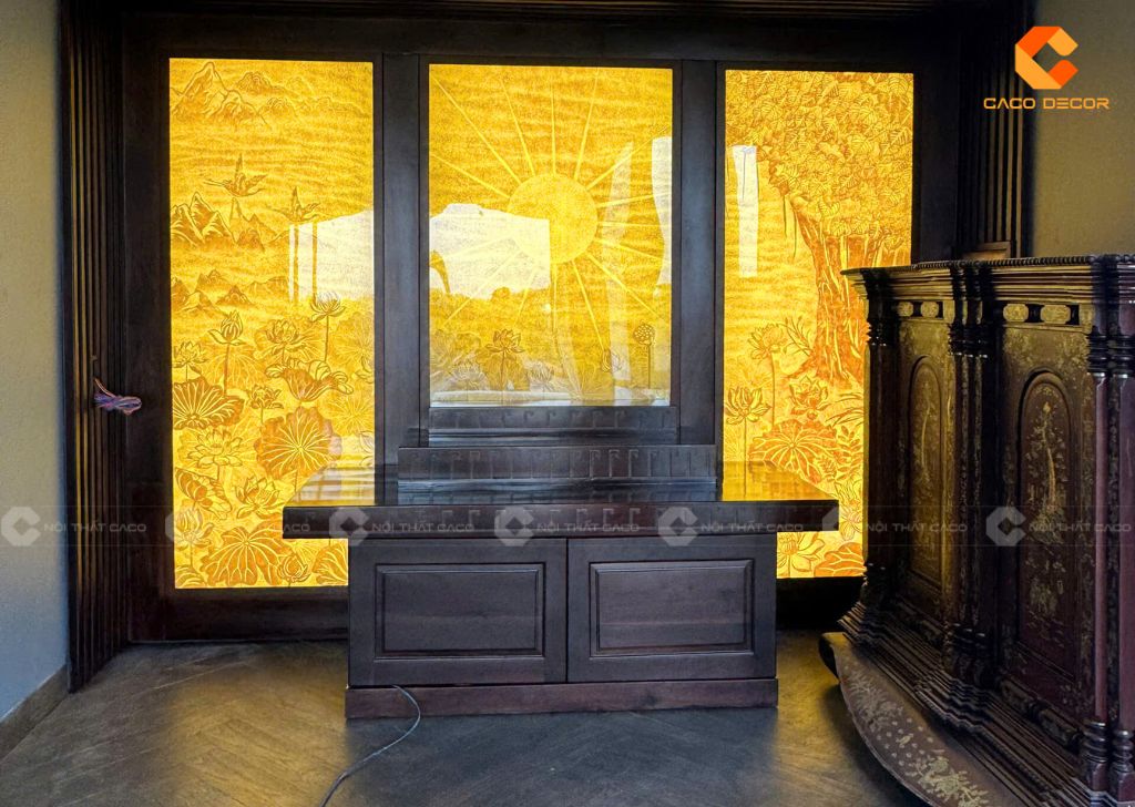 Hình thực tế tủ thờ gỗ óc chó được chụp tại biệt thự