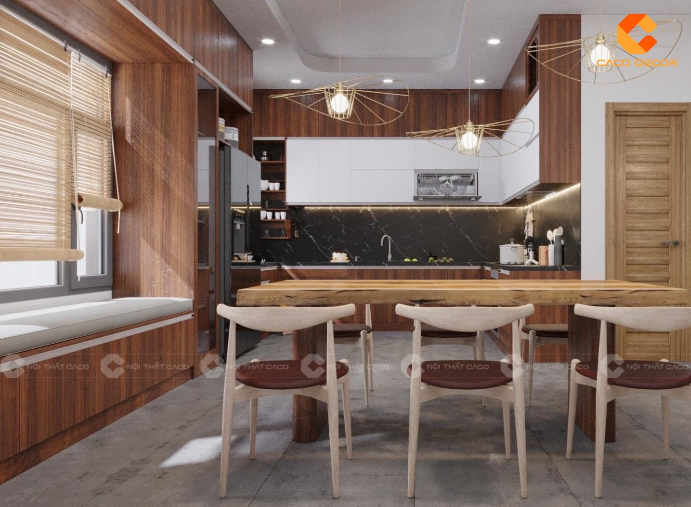 Mẫu tủ bếp gỗ tự nhiên chữ U cho nhà phố hoặc biệt thự