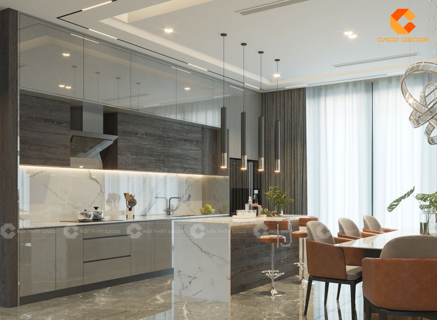 Mẫu nội thất phòng bếp phối màu trung tính sang trọng
