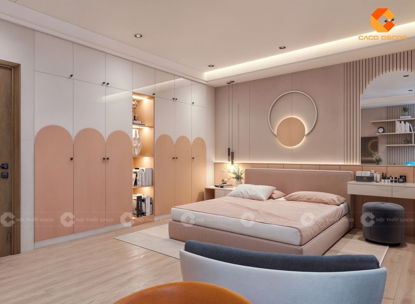 Phòng ngủ trẻ em màu hồng bố trí khoa học, đủ công năng