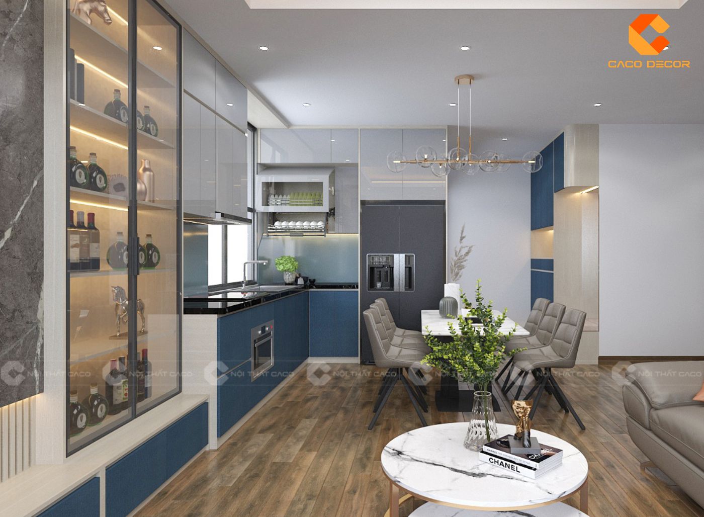 Tủ bếp chữ L kết hợp bàn ăn 4 ghế hiện đại tiện nghi