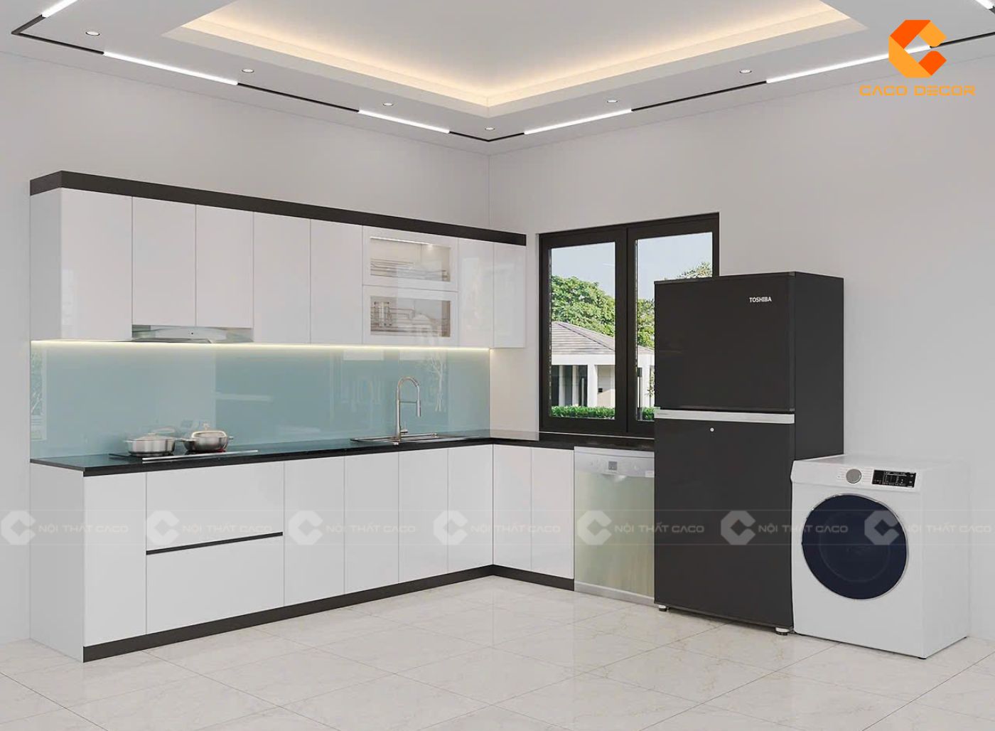 Mẫu thi công tủ bếp chữ L gỗ công nghiệp phủ sơn trắng