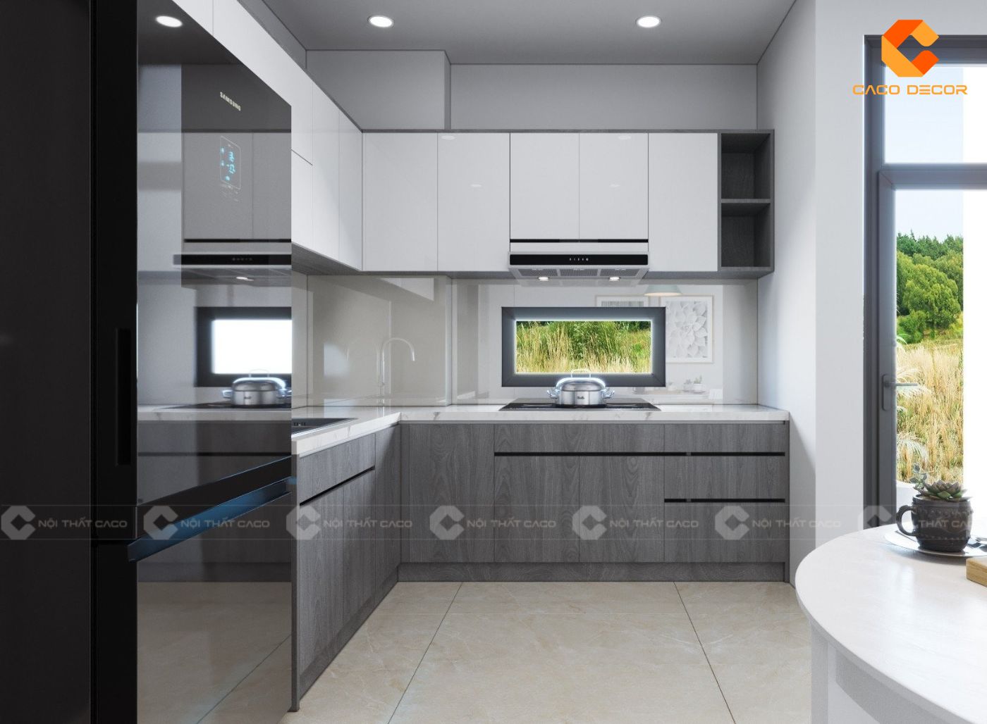 Tủ bếp chữ L vân gỗ xám phối trắng bố trí khoang kệ hợp lý