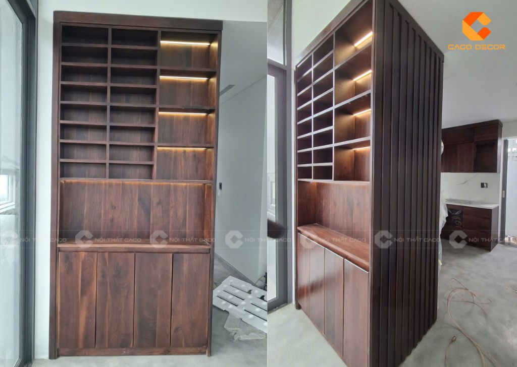 Hình chụp thực tế vách ngăn tủ rượu bằng gỗ óc chó