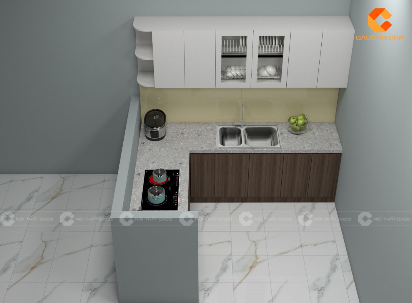 Mẫu thiết kế 3D tủ bếp chữ L nhỏ gọn nhưng đủ công năng