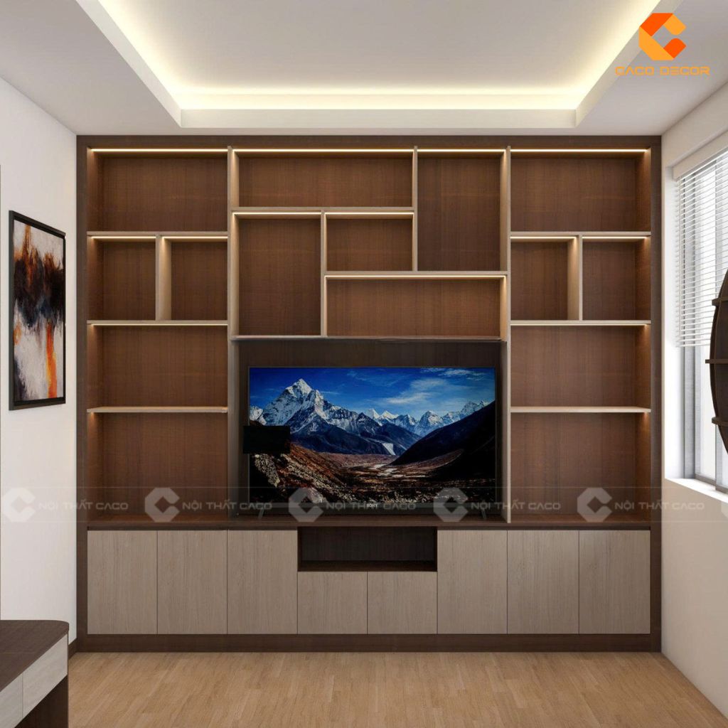 Thiết kế 3D tủ kệ tivi gỗ MDF bàn giao nhà anh Dũng