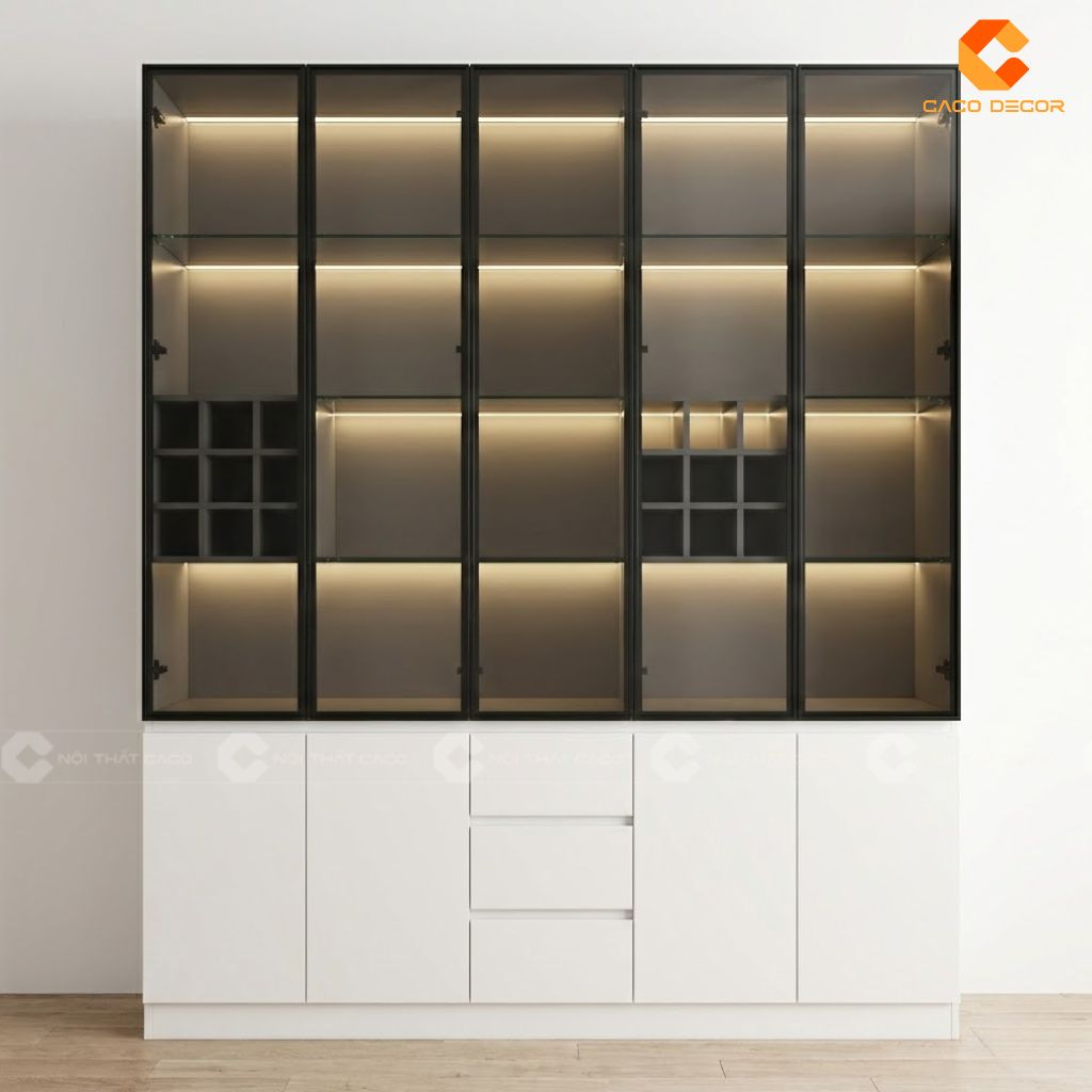 Thiết kế 3D tủ rượu cánh kính có Led bàn giao tại Bình Thạnh