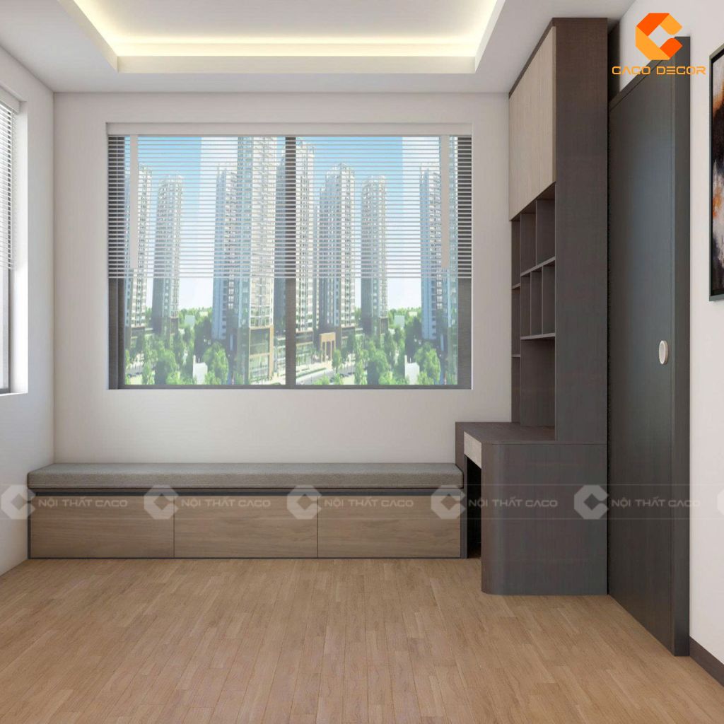 Thiết kế 3D tủ sách kết hợp bàn ngang