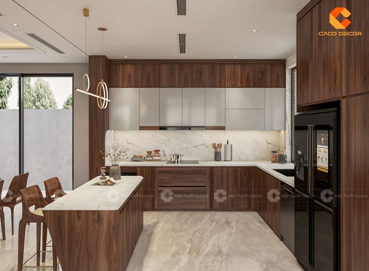 Thiết kế tủ bếp chữ L gỗ tự nhiên kết hợp bàn đảo