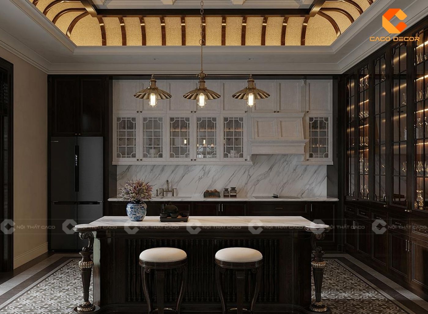 Thiết kế bếp kết hợp bàn đảo phong cách Indochine