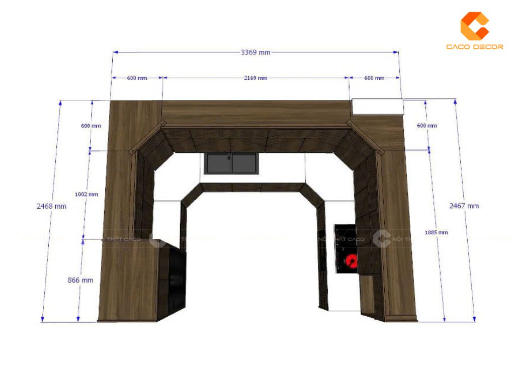 Thiết kế 2D tủ bếp chữ U gỗ óc chó tự nhiên cho biệt thự