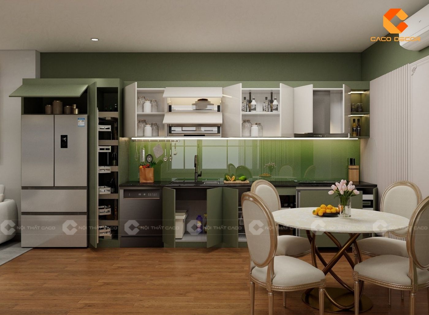 Thiết kế tủ bếp Acrylic bố trí đủ các phụ kiện bếp