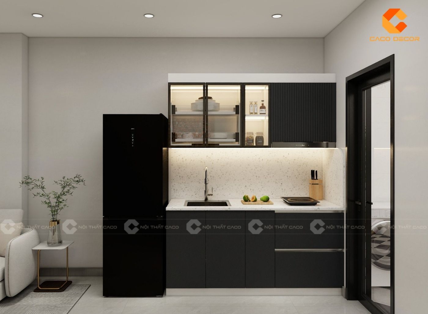 Mẫu tủ bếp chữ I thiết kế khoang kệ khoang học