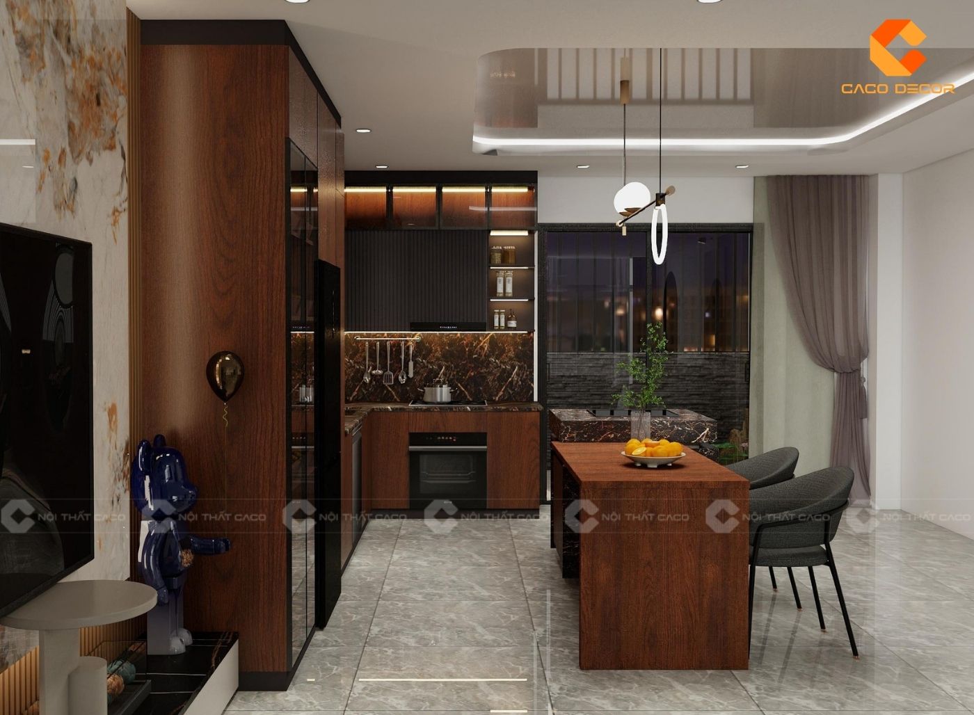 Thiết kế tủ bếp chữ L kết hợp tủ trang trí hiện đại thông minh