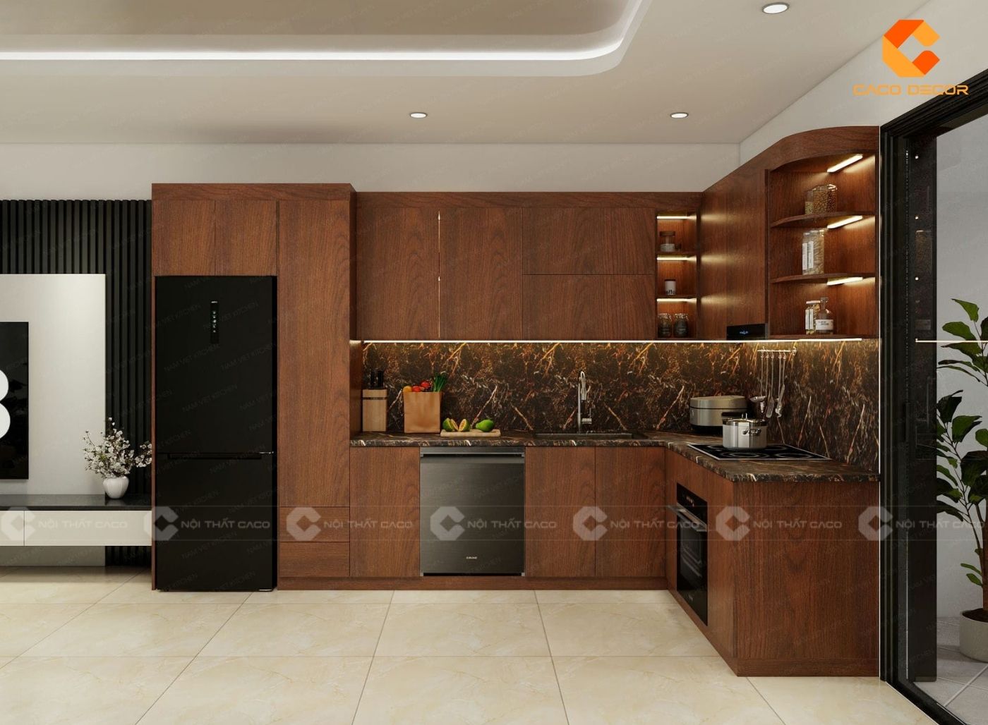 Thiết kế tủ bếp chữ L với màu nâu gỗ trầm cực sang trọng