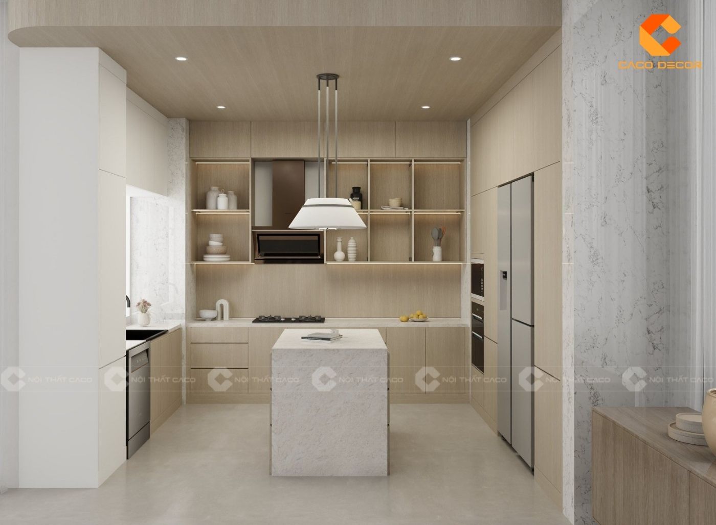 Mẫu thiết kế nội thất bếp chữ U kết hợp bàn đảo