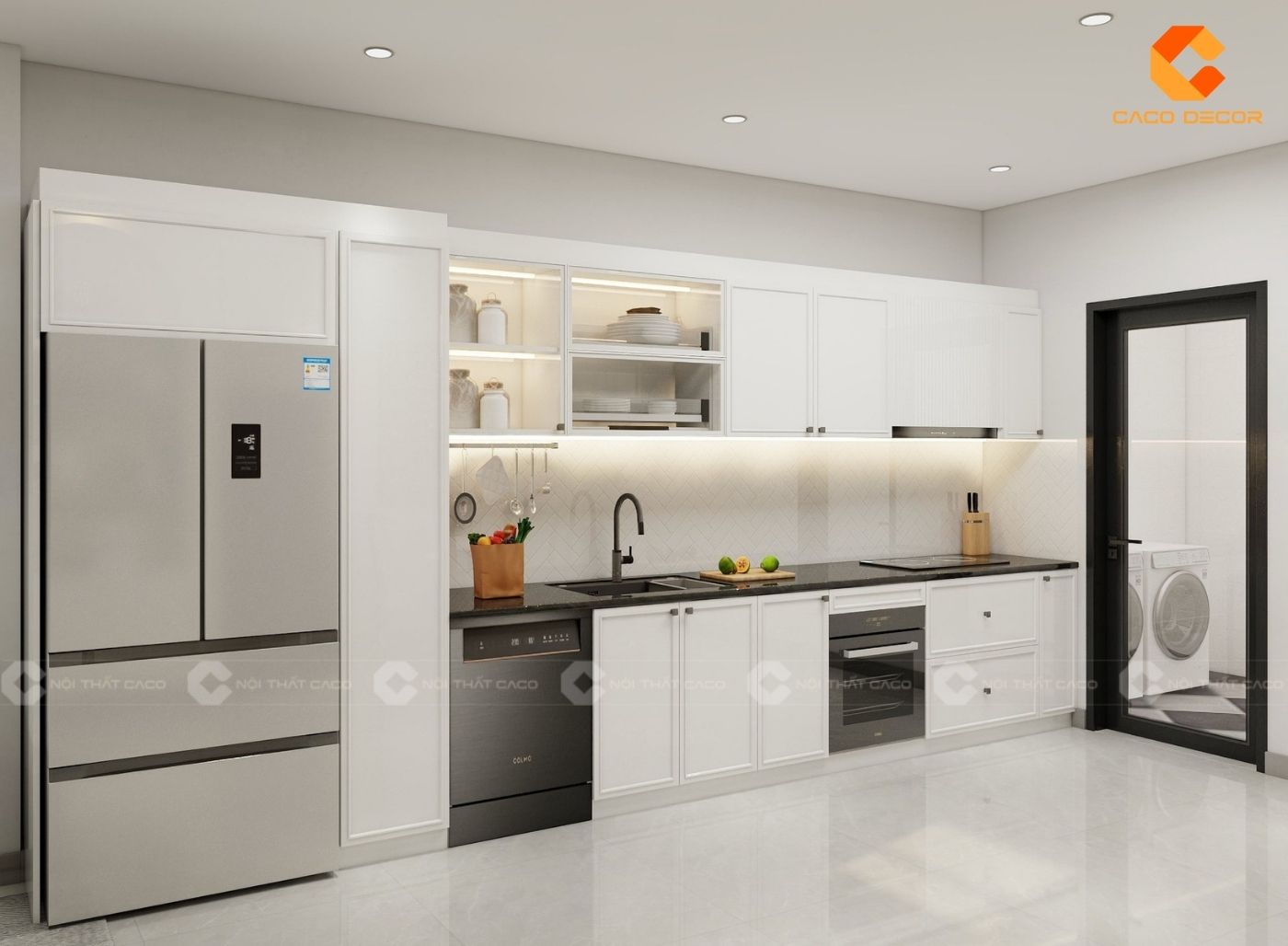 Thiết kế tủ bếp chữ I với màu trắng chủ đạo đẹp và thoáng rộng