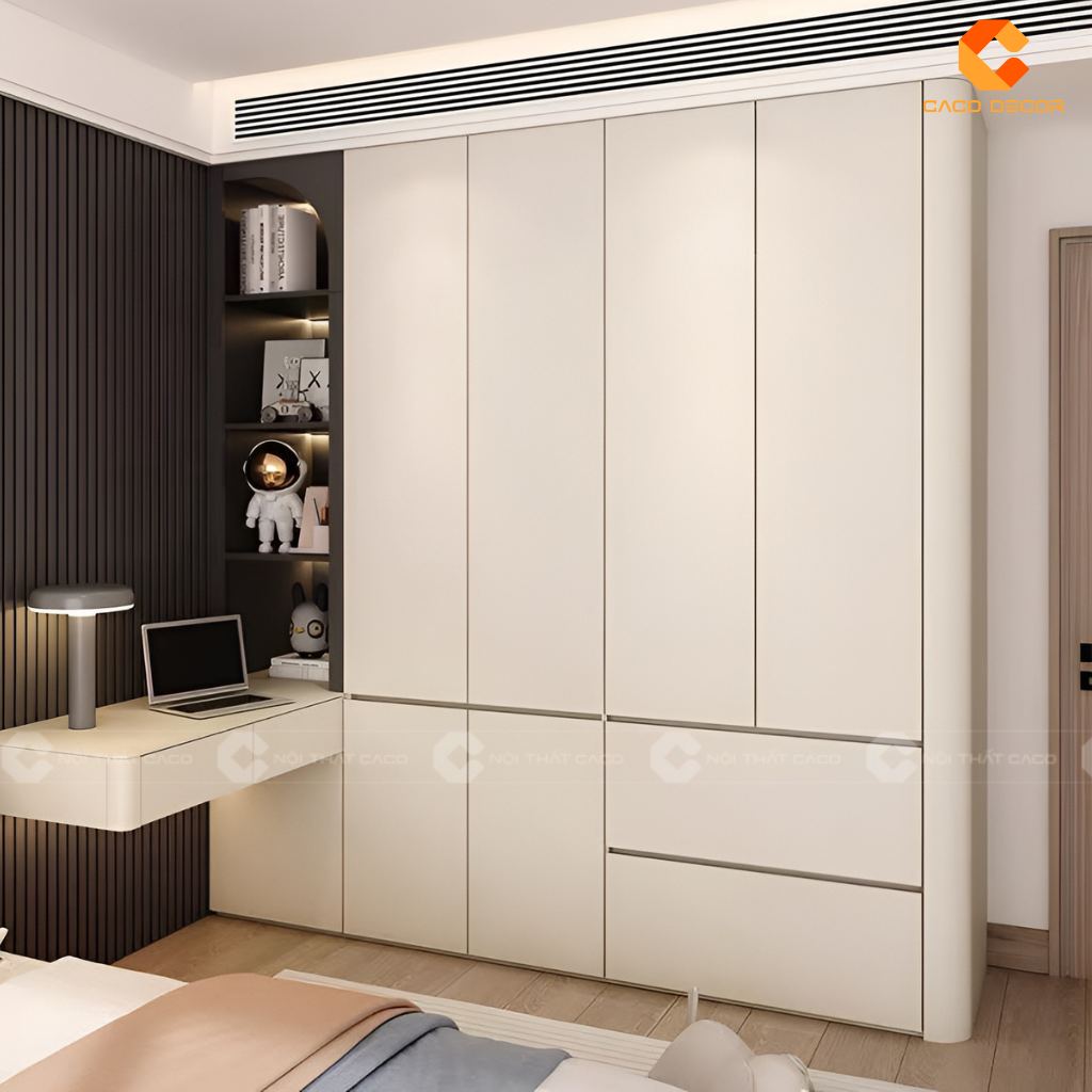 Thiết kế tủ quần áo gỗ công nghiệp 4 cánh kết hợp bàn làm việc