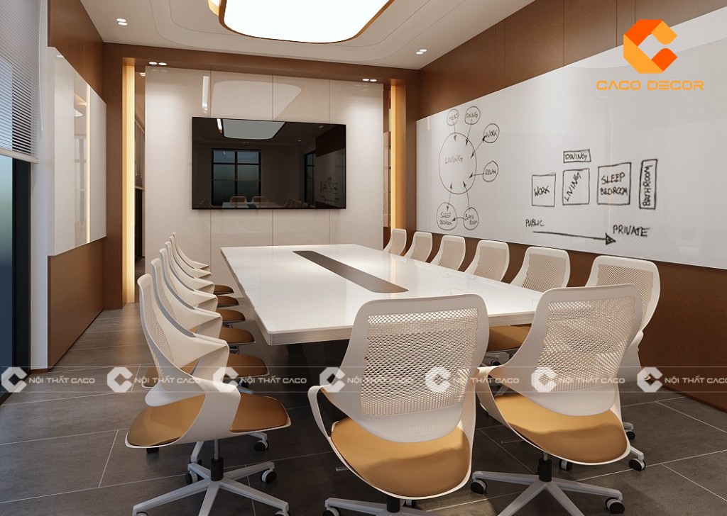 Ý tưởng thiết kế nội thất phòng họp với tong màu trắng nâu hiện đại