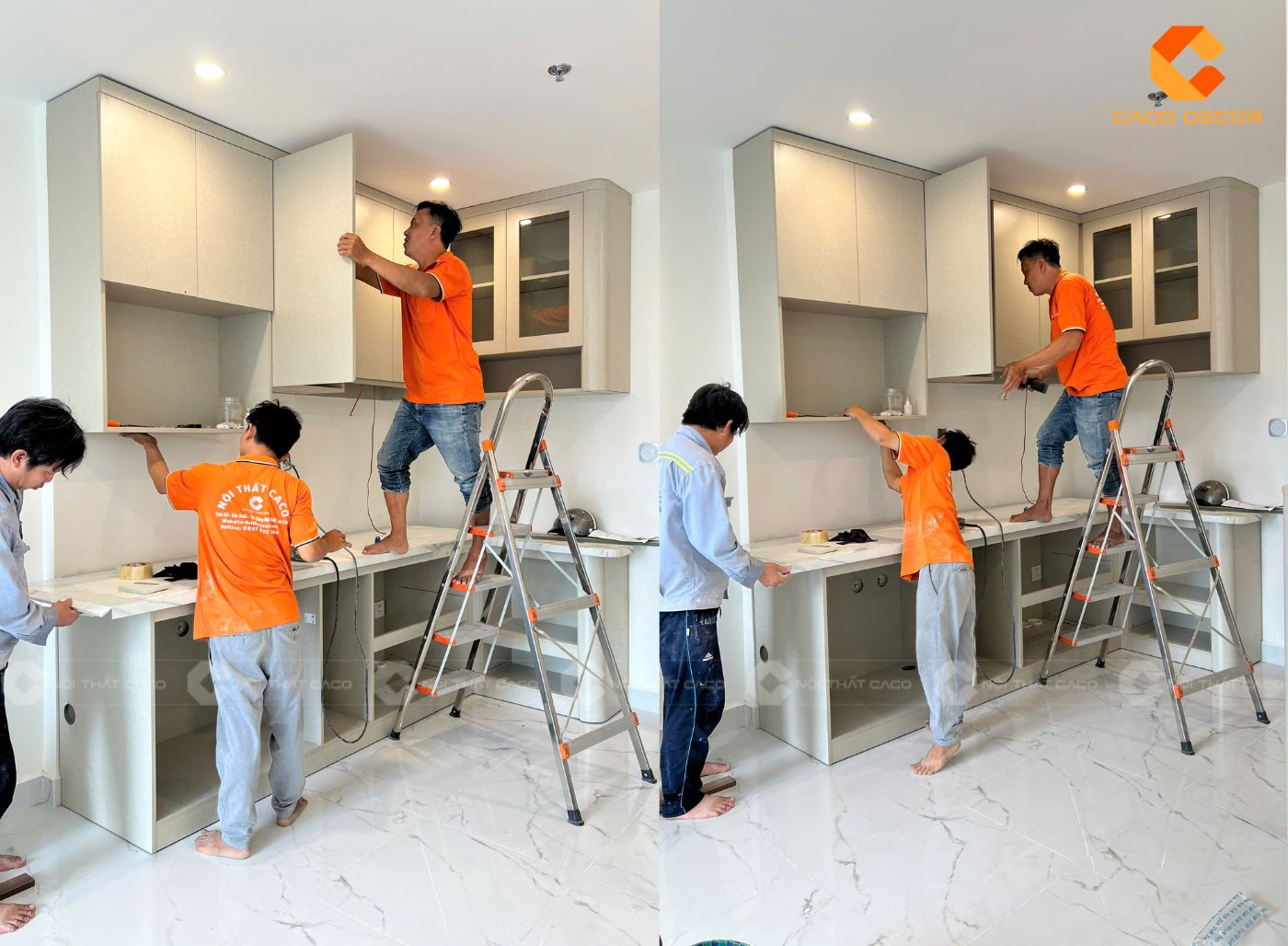 Đội thợ thi công lắp đặt tủ bếp tại công trình