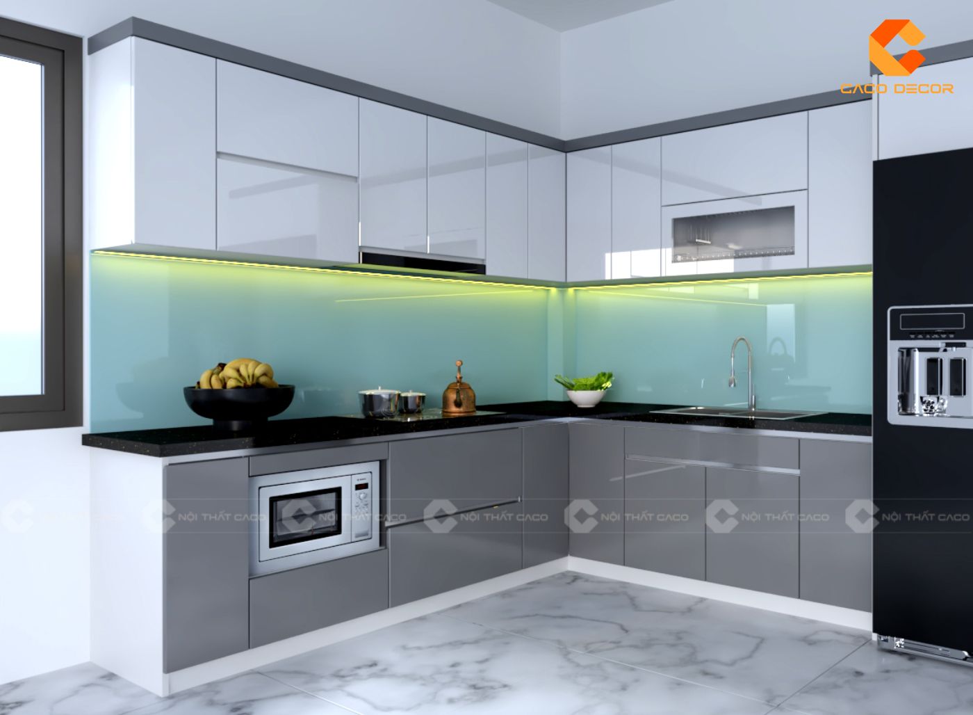 Mẫu tủ bếp nhựa chữ L phối màu xám trắng độc đáo