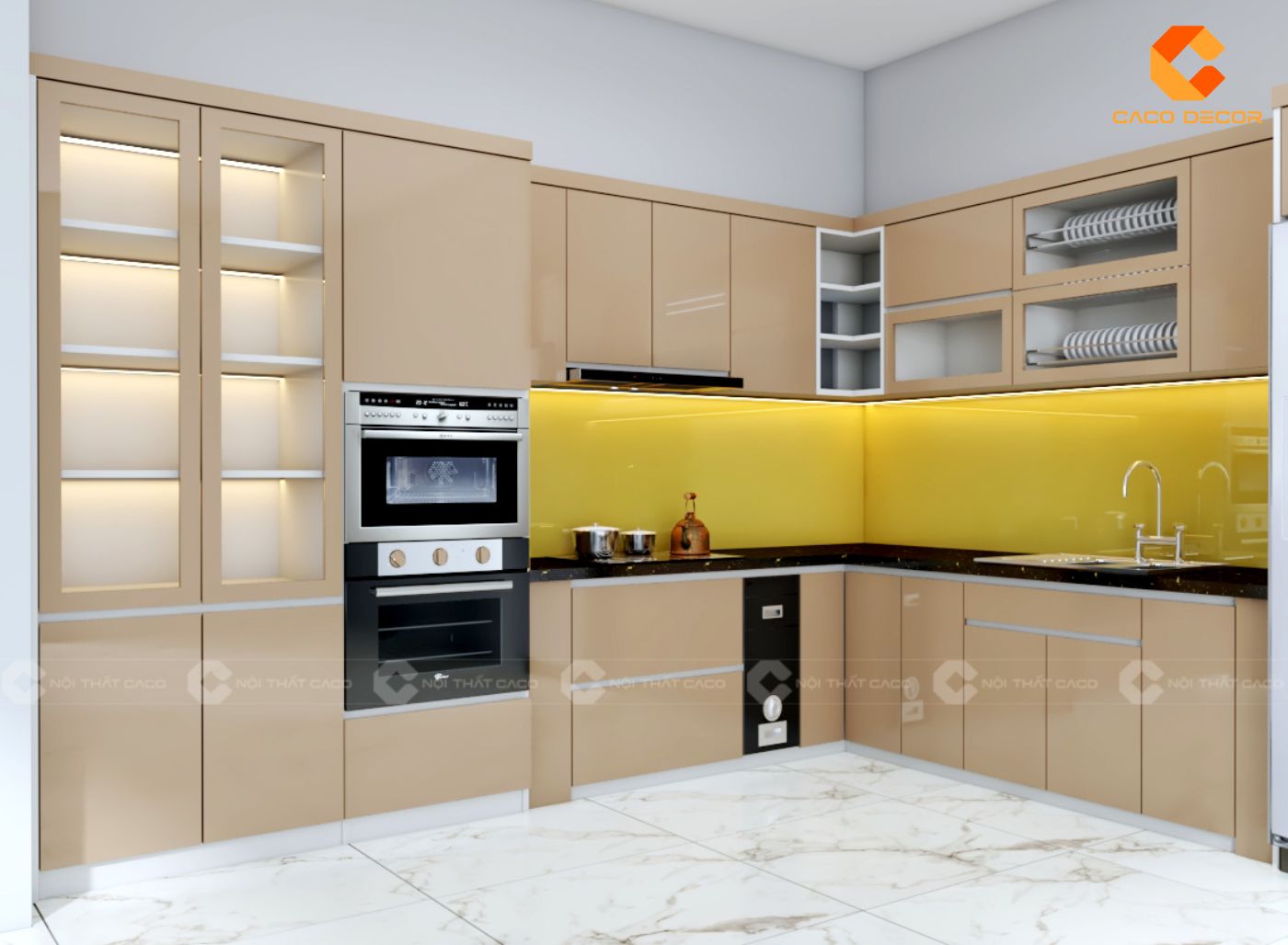 Tủ bếp nhựa Picomat phối màu hiện đại