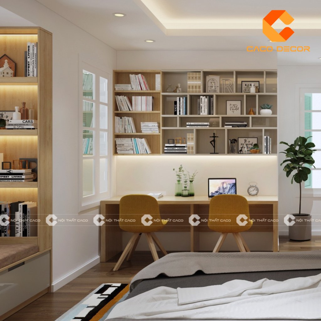 Bộ bàn ghế dành cho 2 bé nhỏ kết hợp kệ sách tiện lợi