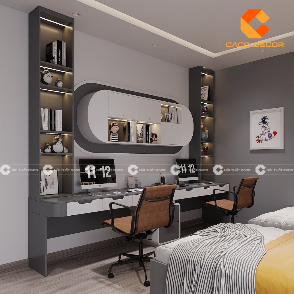 Bố trí phòng học cho hai trẻ cân đối giữa công năng và thẩm mỹ