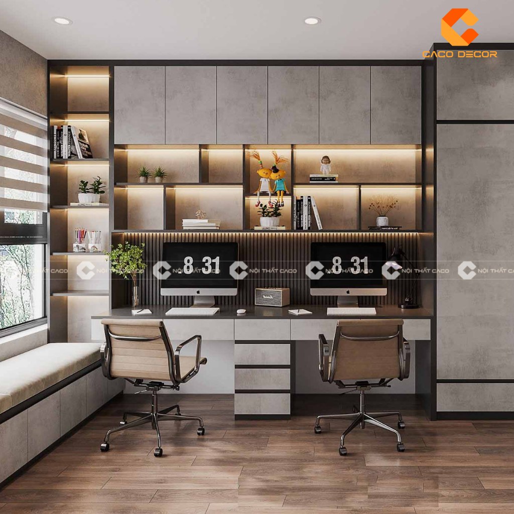 Việc bố trí bàn học cho 2 bé cạnh cửa sổ để tận dụng được ánh sáng tự nhiên