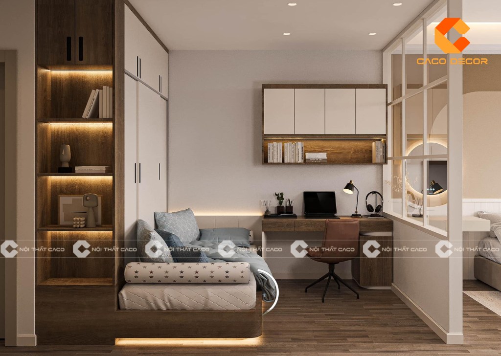 Thiết kế góc học tập đẹp hài hòa với giường ngủ giúp tối ưu không gian