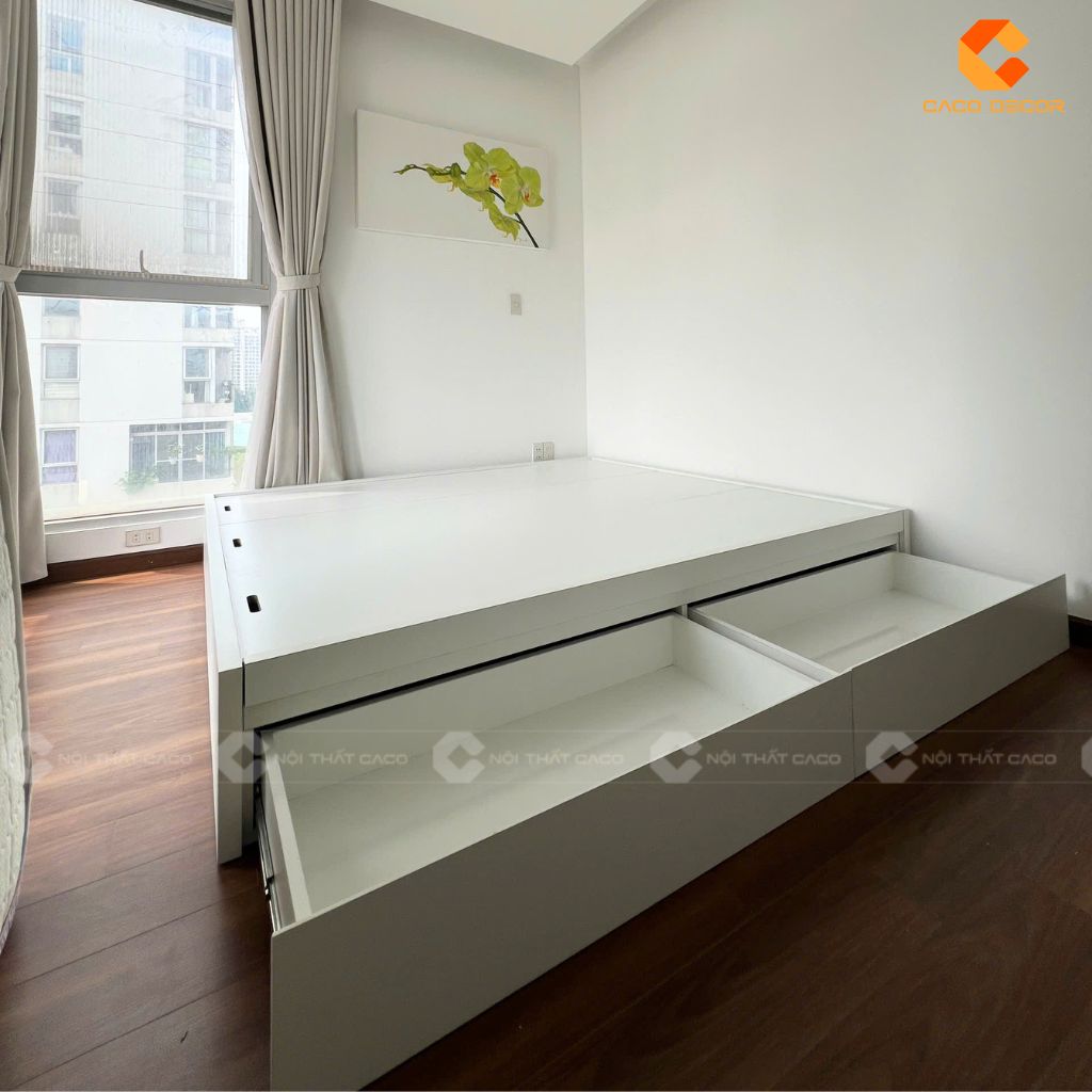 Mẫu giường ngủ hộp 2 hộc kéo được chụp tại công trình