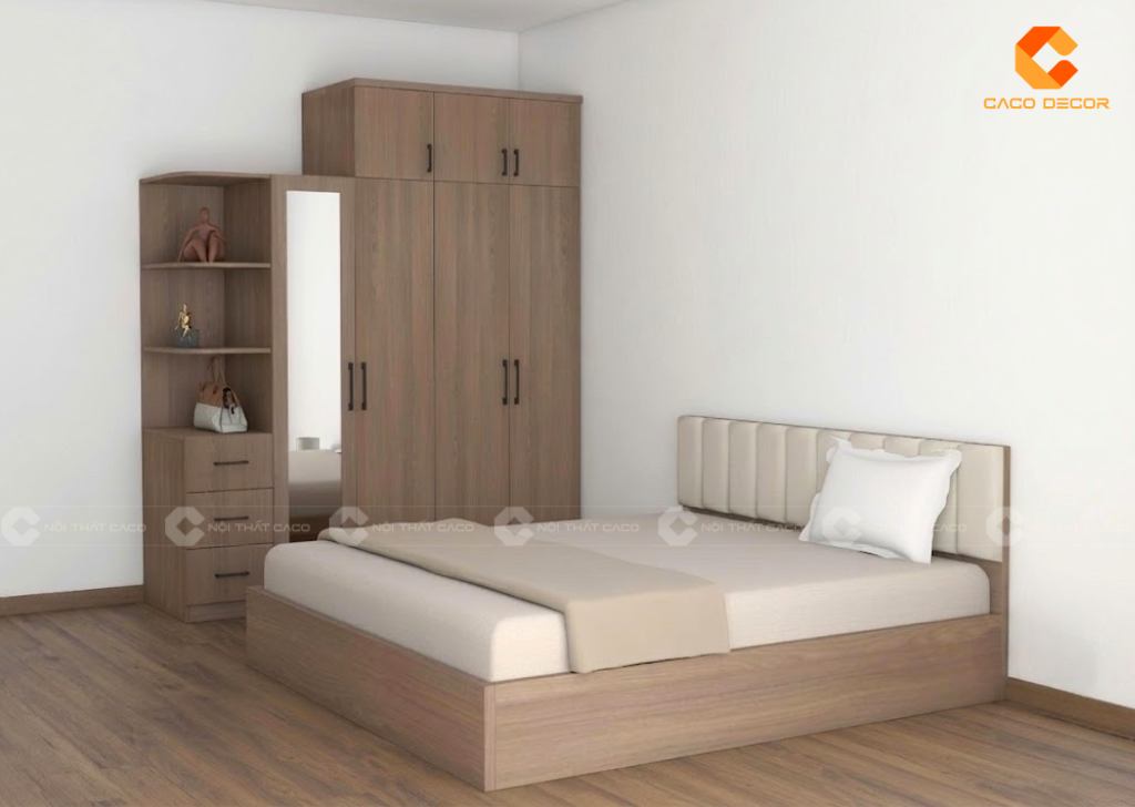 Thiết kế 3D combo phòng ngủ giường bọc nệm tủ có gương