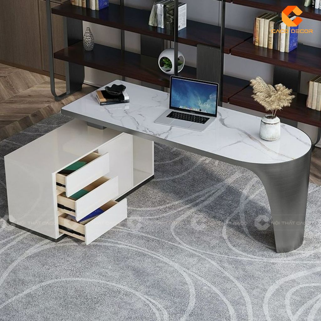 Mẫu bàn giám đốc tích hợp tủ phụ và hộc kệ đa năng