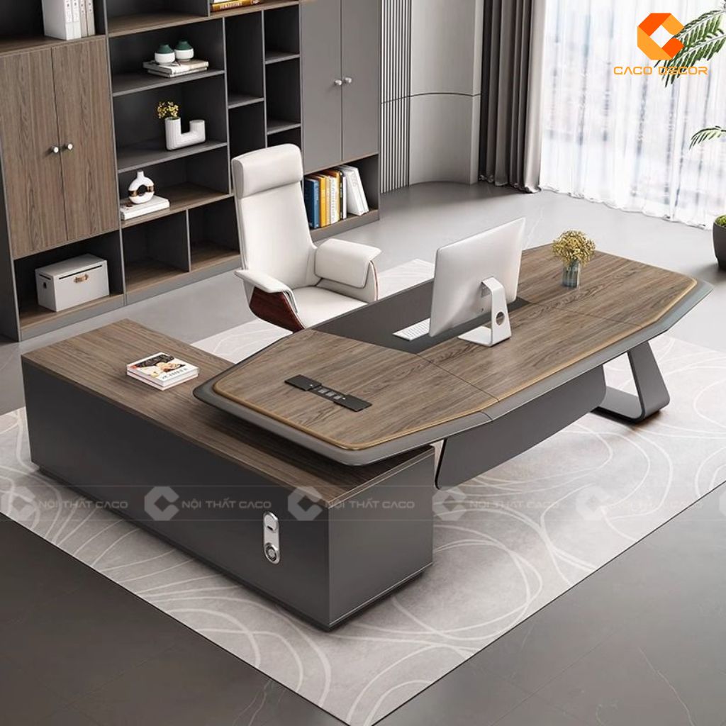 Mẫu bàn giám đốc cao cấp chữ L tích hợp tủ phụ tiện lợi