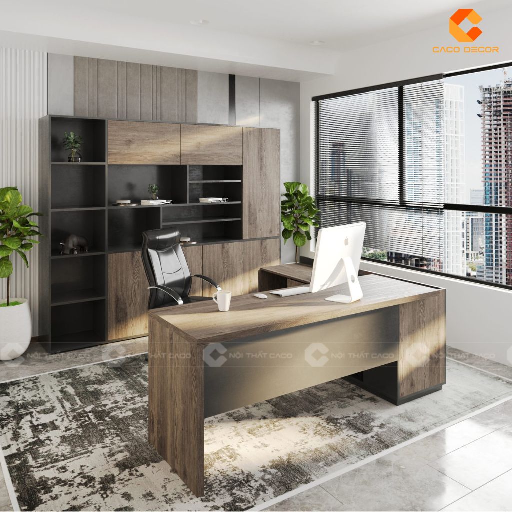 Thiết kế bàn giám đốc gỗ MDF có tủ phụ liền kề