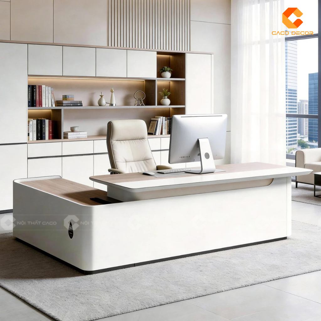 Thiết kế bàn giám đốc gỗ MDF tích hợp tủ phụ tiện lợi