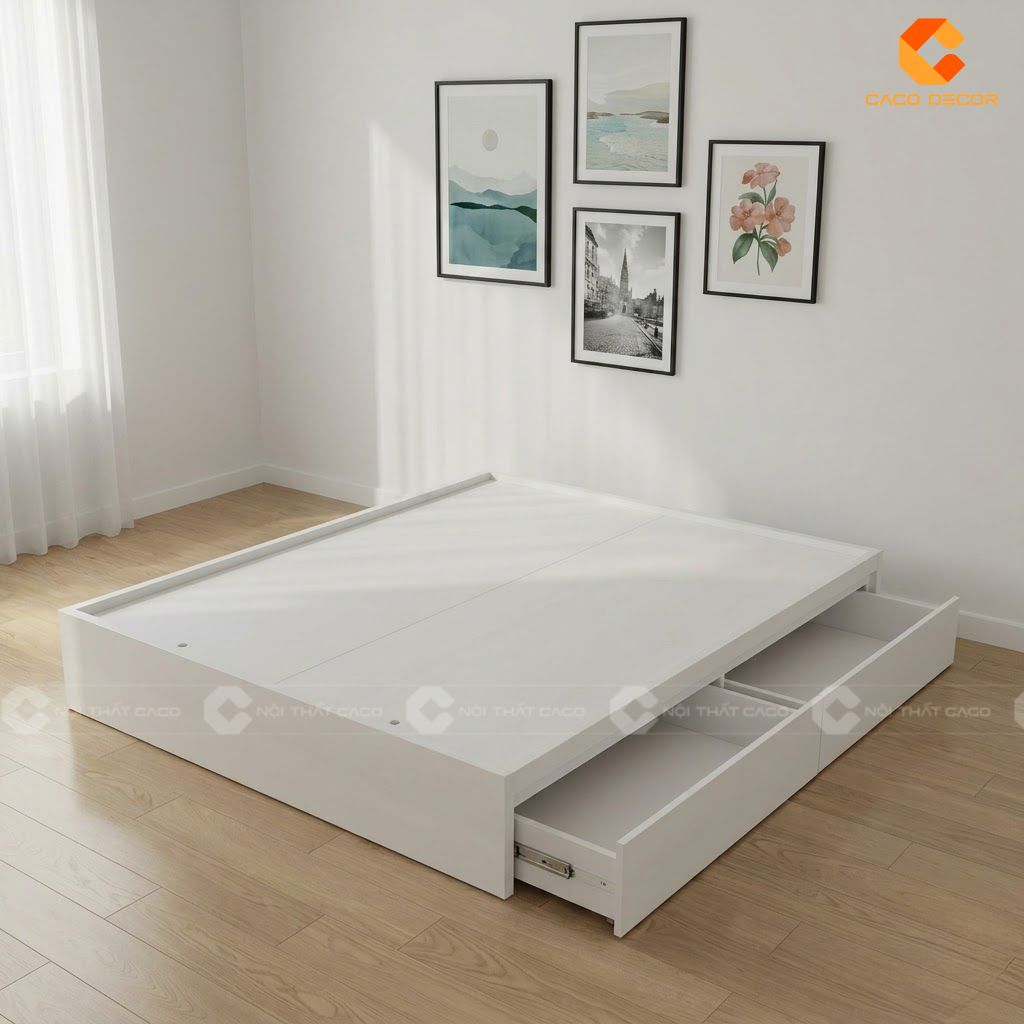 Thiết kế 3D giường ngủ hộp màu trắng 2 hộc kéo