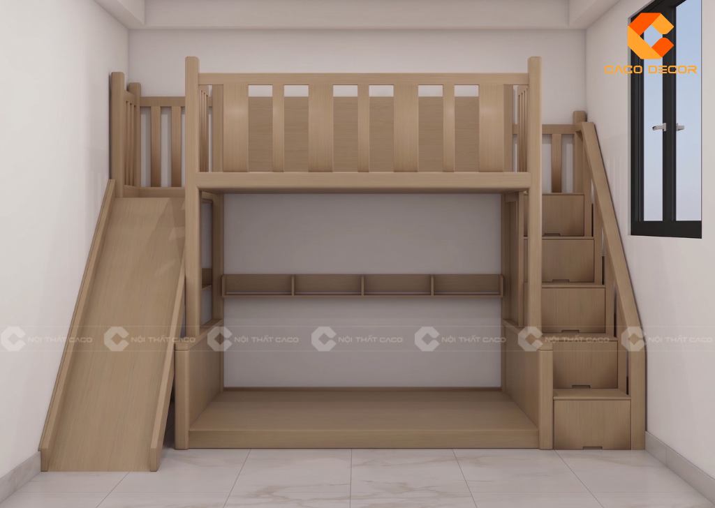 Thiết kế 3D giường tầng trẻ em có cầu trượt gỗ tự nhiên