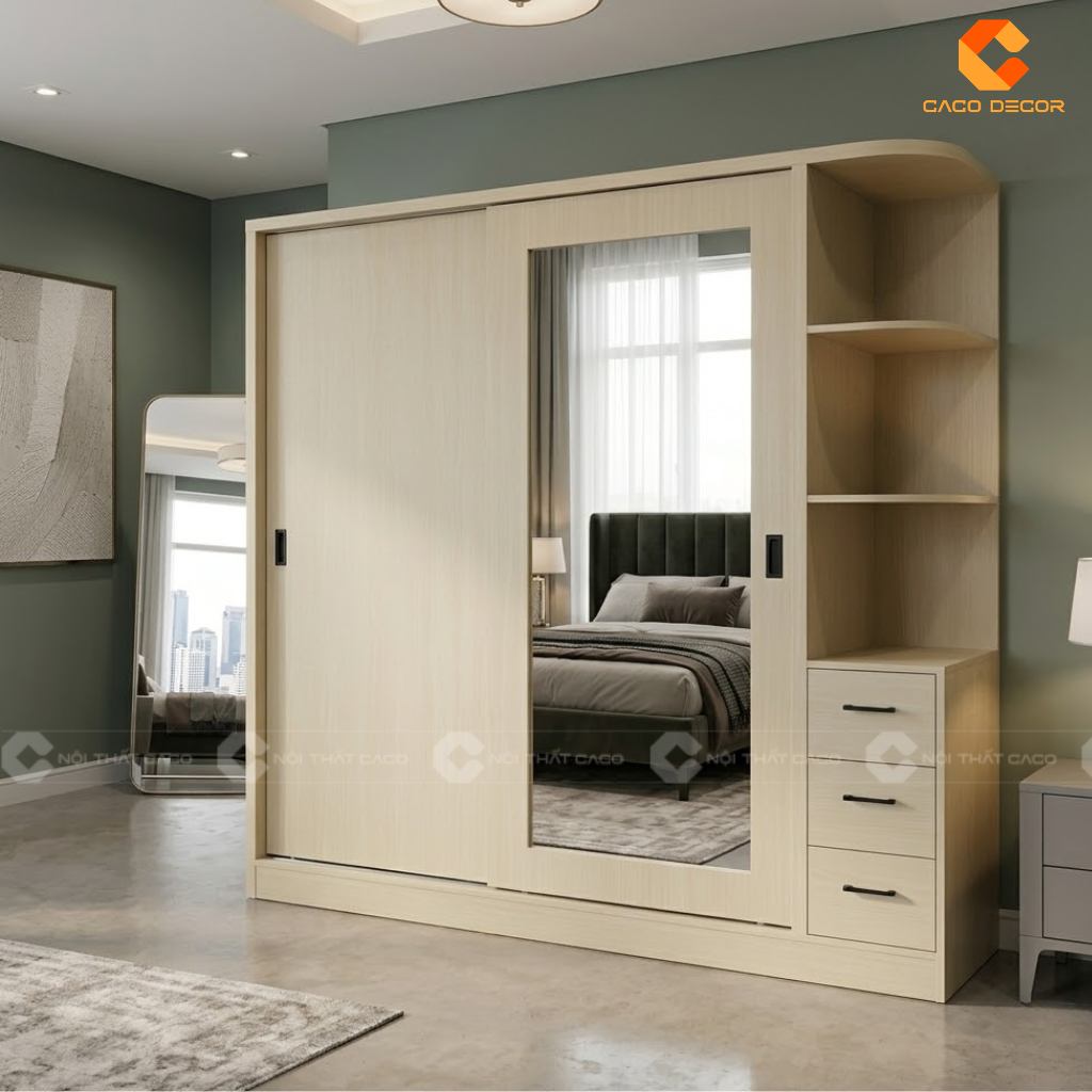 Thiết kế 3D tủ quần áo cửa lùa có gương hiện đại