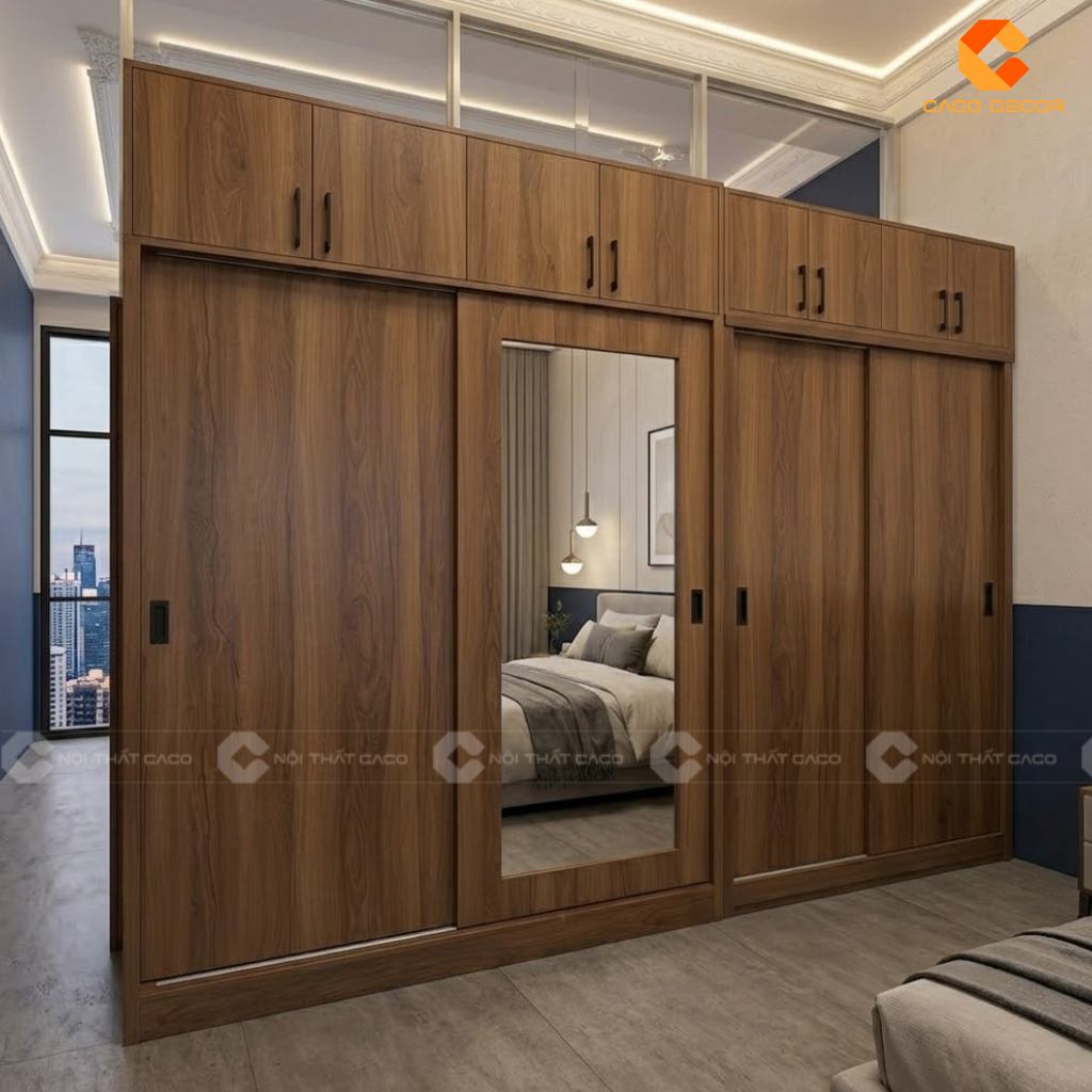 Thiết kế 3D tủ quần áo 4 cánh có gương bằng gỗ MDF
