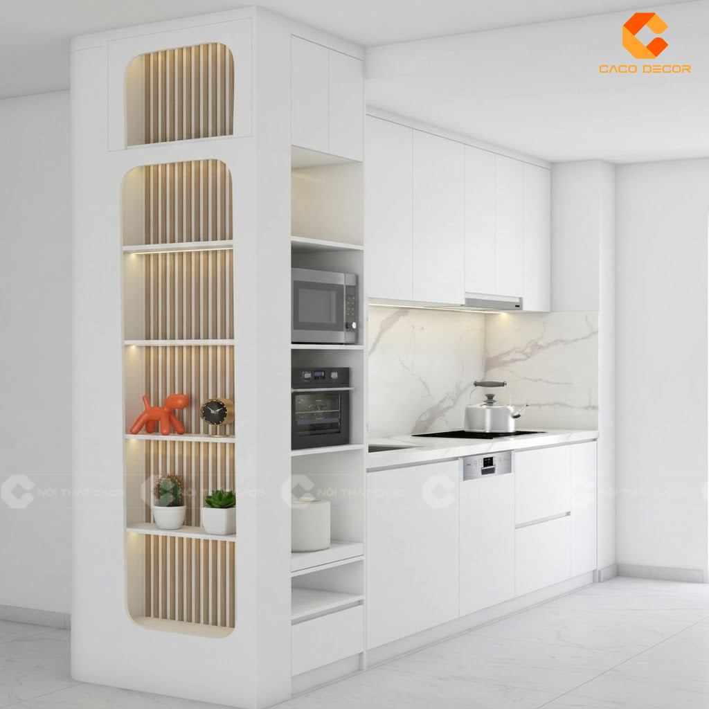 Thiết kế 3D tủ bếp chữ I màu trắng bàn giao tại phường Bình Đông