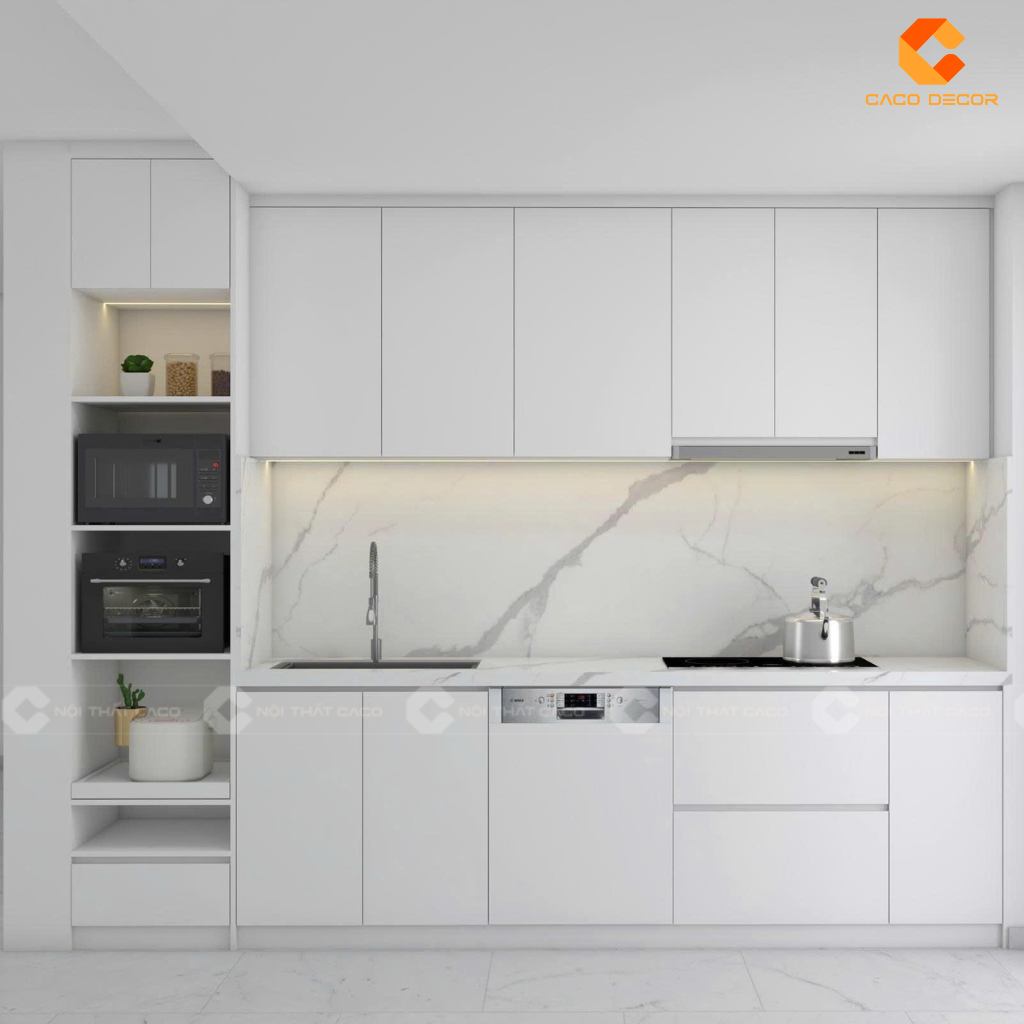 Thiết kế 3D mẫu tủ bếp chữ I màu trắng