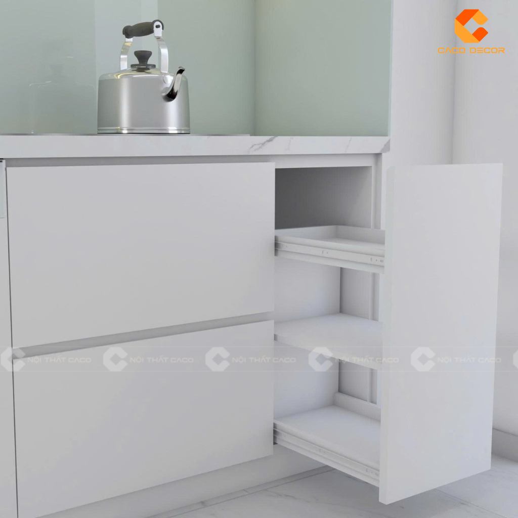Thiết kế ngăn kéo tủ bếp rộng rãi ray trượt êm ái