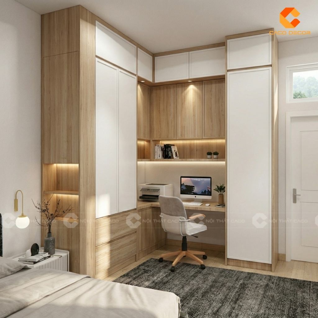 TOP 15 Mẫu Tủ Quần Áo Kết Hợp Bàn Làm Việc Chữ L Hiện Đại 5