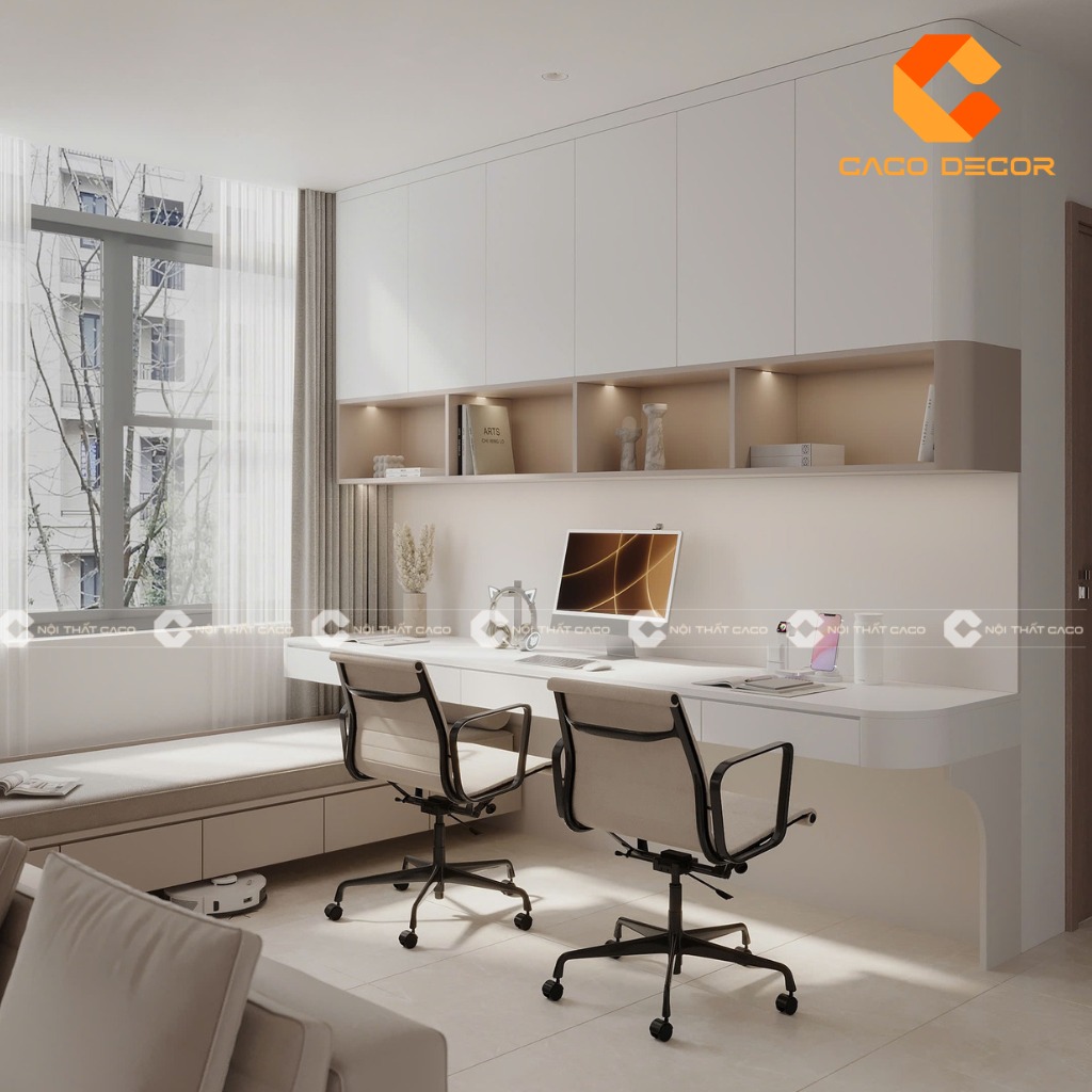 Bàn học đôi kèm giá sách phù hợp tạo không gian học tập thoải mái cho bé