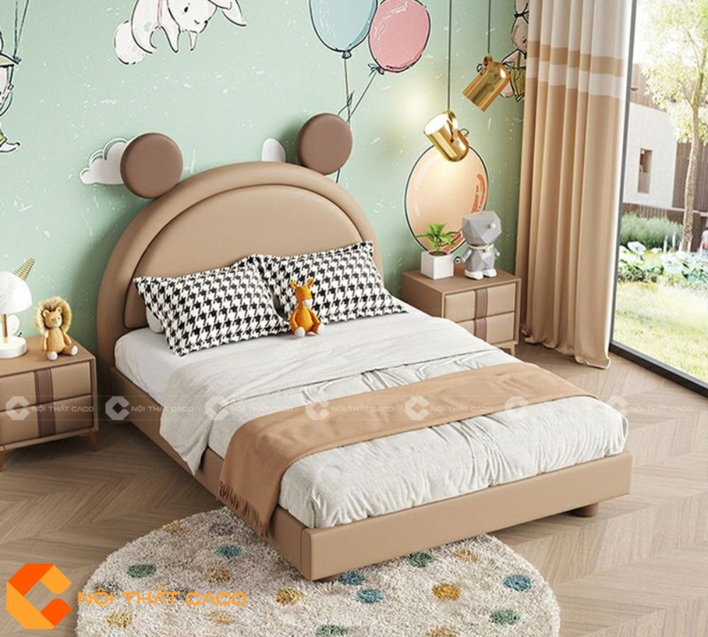 Giường Ngủ Trẻ Em Bọc Da Màu Be Trung Tính